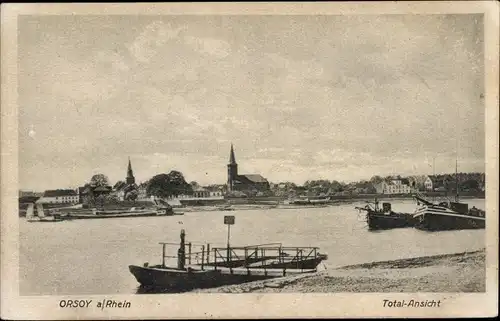 Ak Orsoy Rheinberg am Niederrhein, Totalansicht, Bootsanlegestelle