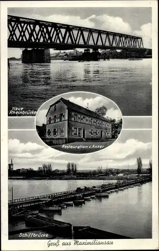 Ak Maximiliansau Wörth am Rhein, Restauration zum Anker, Schiffsbrücke, Rheinbrücke