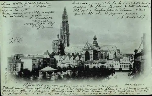 Ak Anvers Antwerpen Flandern, Gesamtansicht des Grünen Platzes und der Kathedrale