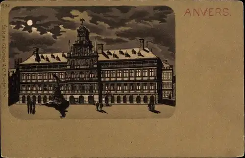 Mondschein Litho Anvers Antwerpen Flandern, Rathaus