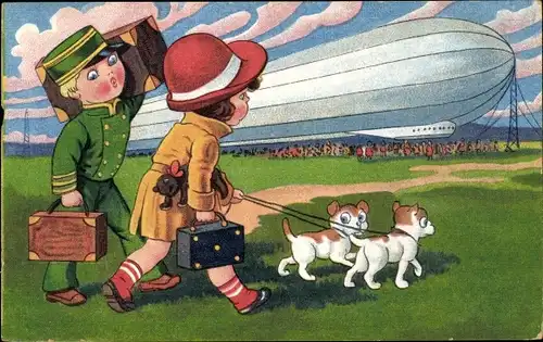 Künstler Ak Boriss, Margaret, Mädchen mit Hunden, Träger mit Gepäck, Zeppelin