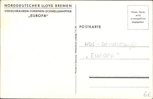 Ak Dampfer Europa, Norddeutscher Lloyd Bremen, Leuchtturm