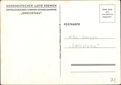Künstler Ak Dampfer Gneisenau, Norddeutscher Lloyd Bremen