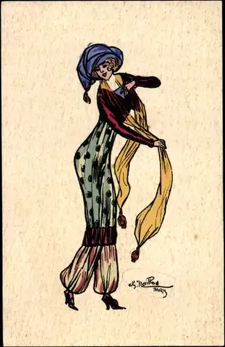 Künstler Ak Naillod, Charles, Dame mit Mütze und Hosenkleid, Schal