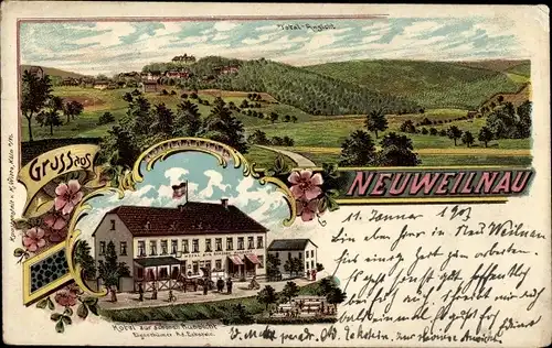 Litho Neuweilnau Weilrod im Taunus, Hotel zur schönen Aussicht, Panorama