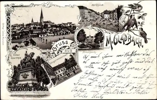 Litho Mönchengladbach, Kaiserdenkmal, Bürgermeisteramt, Marktplatz, Kaiserpark