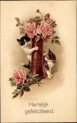 Ak Glückwunsch Geburtstag, Katzen, Blumenvase mit Rosen