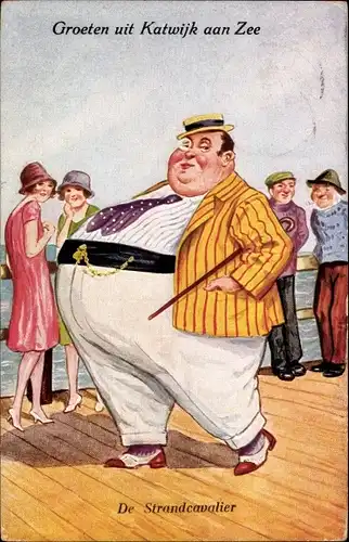 Künstler Ak Übergewichtiger Mann auf der Strandpromenade