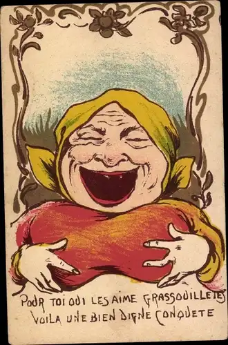 Künstler Ak Lachende Frau mit großem Busen