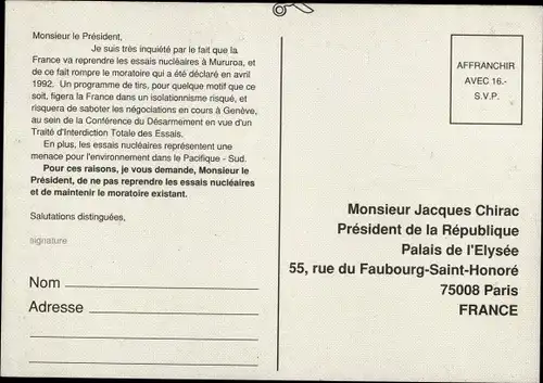 Ak Anti Atomenergie, Protestkarte an Jacques Chirac