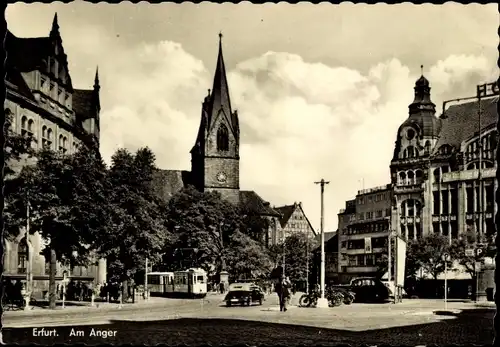 Ak Erfurt in Thüringen, Am Anger, Straßenbahn, Autos, Kirche