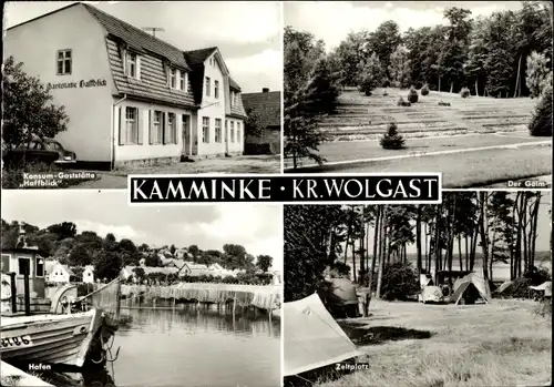 Ak Kamminke auf Usedom, Hafen, Zeltplatz, Konsum Gaststätte Haffblick