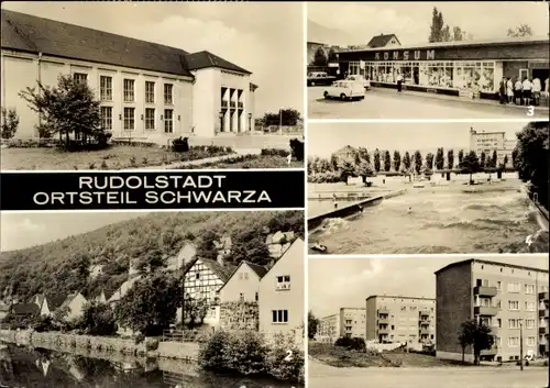 Ak Schwarza Rudolstadt, Kulturhaus VEB Chem.faserkomb. Wilhelm Pieck, Wellenbad, Kaufhalle, Neubau