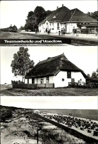 Ak Trassenheide auf Usedom, Reetdachhaus, Strand, Bahnhof