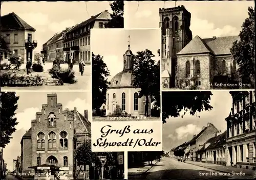 Ak Schwedt an der Oder, Französische Kirche, Ernst Thälmann Straße, Katharinen Kirche, Konsum