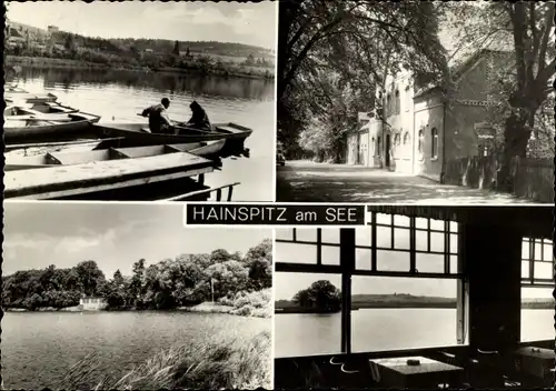 Ak Hainspitz in Thüringen, am See, Konsum-Gaststätte, Steg mit Ruderbooten, Blick auf den See