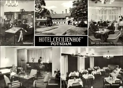 Ak Potsdam, Hotel Cecilienhof, Hotelzimmer, Klub- und Fernsehraum für Hotelgäste, Großer Speisesaal