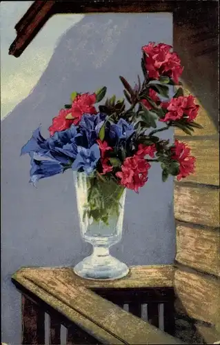 Ak Nenke und Ostermaier 517 878, Photochromie, Enzian und Rhododendron in einer Vase