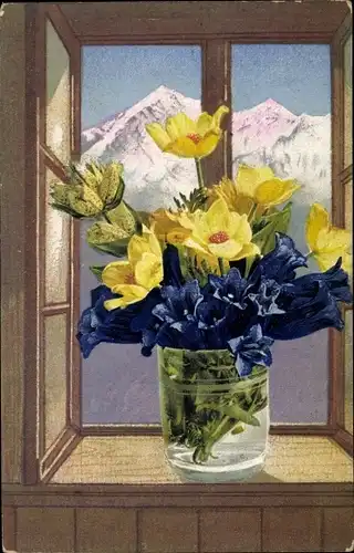 Ak Nenke und Ostermaier 515, Enzian und gelbe Blüten, Photochromie