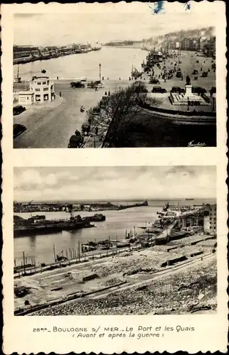 Ak Boulogne sur Mer Pas de Calais, Hafen und Kais vor und nach dem Krieg