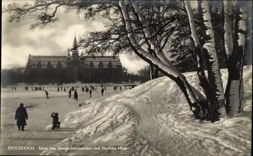 Ak Stockholm Schweden, Djurgårdsbrunnsviken, Nordiska Museet, Winter