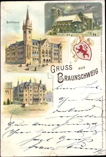 Mondschein Litho Braunschweig in Niedersachsen, Rathaus, Dom, Deutsches Haus