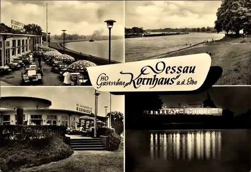 Ak Dessau in Sachsen Anhalt, HO Gaststätte Kornhaus an der Elbe, Terrasse, Dämmerung