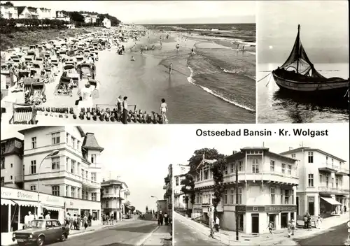 Ak Ostseebad Bansin Heringsdorf auf Usedom, Strandansicht, Eckgebäude, Straßenansicht, Boot