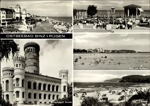 Ak Seebad Binz auf Rügen, Jagdschloss Granitz, Kurkonzert, Kurhaus und Strand