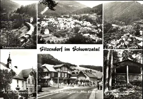 Ak Sitzendorf in Thüringen, Schwarzatalbahn, An der Kurverwaltung, Panorama, Schutzhütte