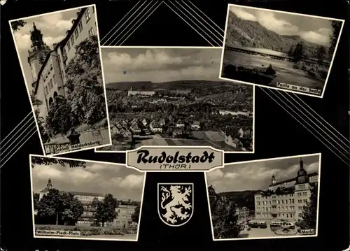 Ak Rudolstadt in Thüringen, Schloss Heidecksburg, Partie an der Saale, Markt, Panorama, Wappen