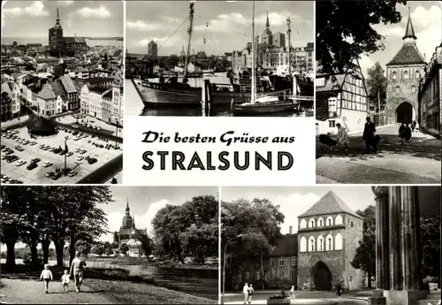 Ak Stralsund in Vorpommern, Panorama, Schiffe im Hafen, Stadttor, Park