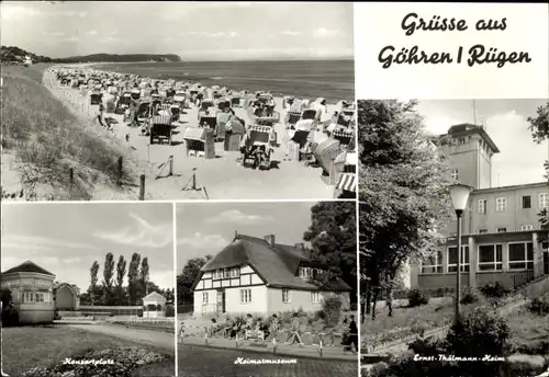 Ak Ostseebad Göhren auf Rügen, Strandansicht, Ernst-Thälmann-Heim, Heimatmuseum, Konzertplatz