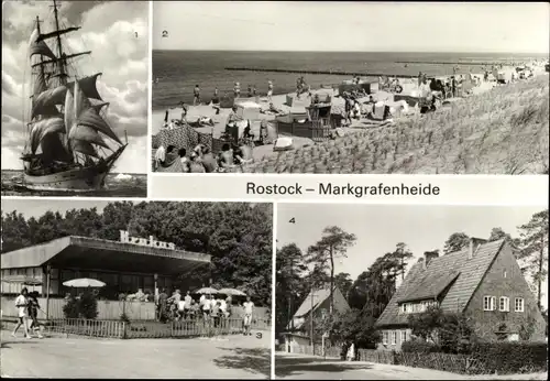 Ak Ostseebad Markgrafenheide Rostock, Segelschulschiff Wilhelm Pieck, Strand, Buswendeplatz