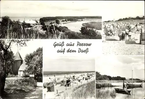 Ak Ostseebad Prerow auf dem Darß, Strandpanorama, Strandkörbe, Kirche