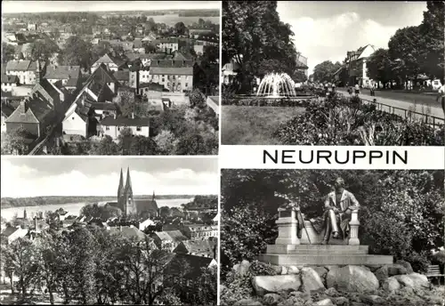 Ak Neuruppin in Brandenburg, Ortsansicht mit Kirche, Denkmal, Springbrunnen