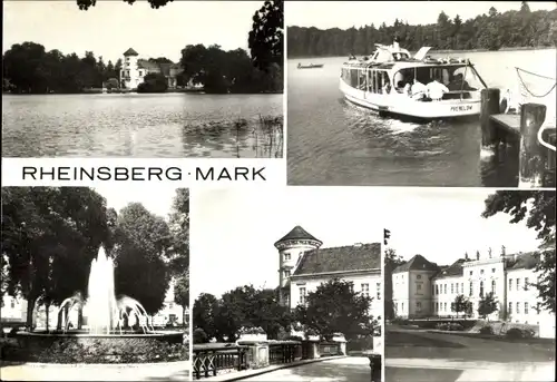 Ak Rheinsberg in der Mark, Seepanorama, Schiff, Springbrunnen, Gebäude
