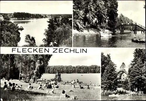 Ak Flecken Zechlin Rheinsberg in der Mark, Seepanorama, Badewiese, Gebäude, Brücke
