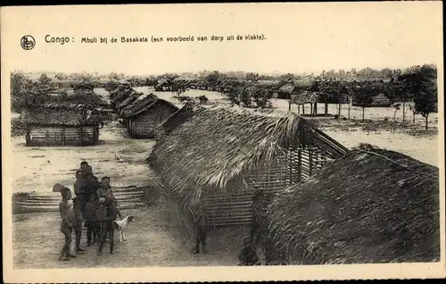 Ak Belgisch Congo, Mbuli bij de Basakata, Einheimische, Hütten