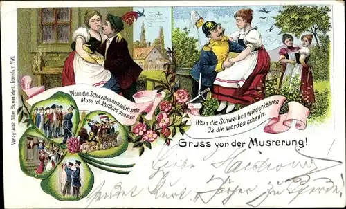 Litho Gruß von der Musterung, Wenn die Schwalben heimwärts zieh, muss ich Abschied nehmen