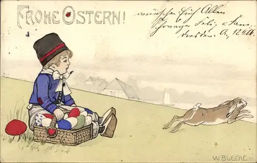 Künstler Litho Blecke, W., Glückwunsch Ostern, Kind, Korb mit Ostereiern, Osterhase