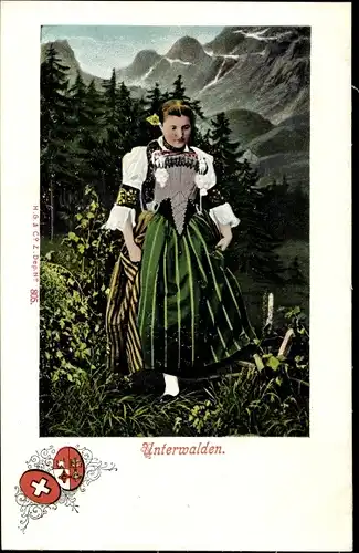 Ak Unterwalden Schweiz, Frau in Tracht, Wappen