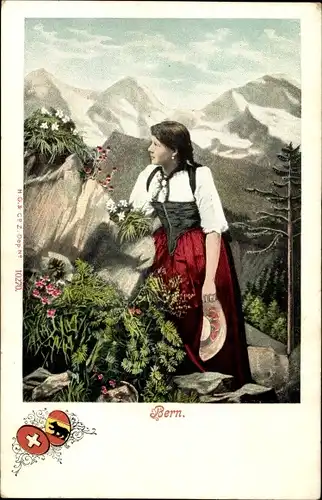 Ak Bern Stadt Schweiz, Frau in Tracht, Blumen, Berge, Wappen