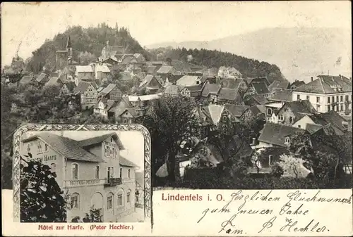 Ak Lindenfels im Odenwald, Gesamtansicht, Hotel zur Harfe