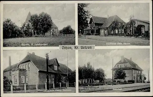 Ak Oetzen Lüneburger Heide, Kapelle, Gasthaus Otto Harms, Geschäft Henry Reimers, Bahnhof