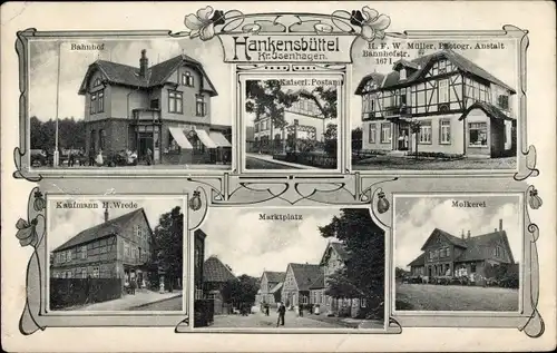 Ak Hankensbüttel in Niedersachsen, Photographische Anstalt, Bahnhofstraße, Molkerei, Bahnhof