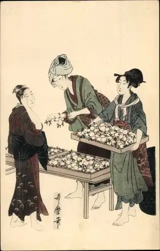 Künstler Ak Japan, Frauen in Volkstracht, Händler