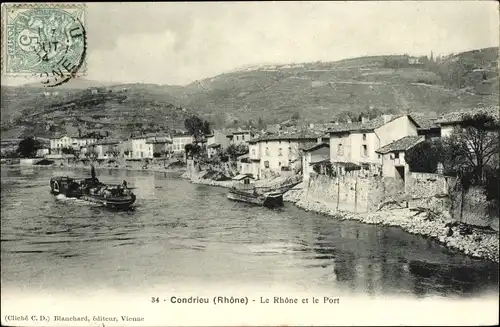 Ak Condrieu Rhône, Die Rhone und der Hafen