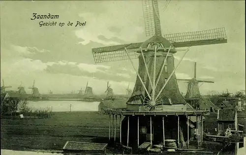 Ak Zaandam Zaanstad Nordholland, Gezicht op de Poel, molen