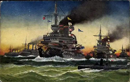 Künstler Ak Deutsche Kriegsschiffe, Ostseegeschwader im Manöver, Kaiserliche Marine